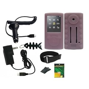iShoppingdeals - Pink Rubber Skin Case + Car Charger + Travel AC Charger + Screen Protector + Armband + Beltclip + Fishbone Keychain for Sony Walkman NWZ E353 E354