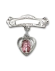 Sterling Silver Baby Badge with Blue Heart/Miraculous Charm and Arched Polished Badge Pin