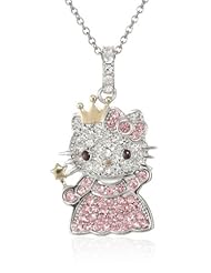Hello Kitty by Simmons Jewelry Co. White and Pink Czech Crystal Gold Plated Crown Body Girls Dangle Pendant Necklace