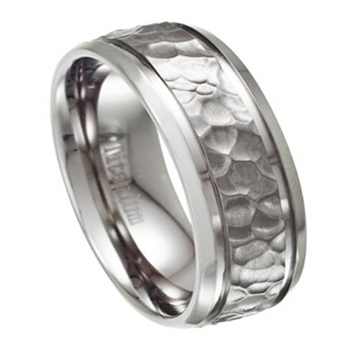 Men's 8mm Hammered Ring in Titanium with Polished Beveled Edges Sizes 7-15