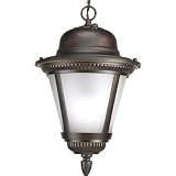 Progress Lighting P5530-20STR 1-Light Compact Fluorescent Hanging Lantern with Photocell In Die-Cast Aluminum and Etched Seeded Glass, Antique Bronze