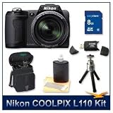 Nikon Coolpix L110 Digital Camera (Black), 12.1 Megapixels, 15x Wide-Angle Optical Zoom (28-420mm), 3 High Resolution LCD, 8 GB Memory Card, Card Reader, Lens Cleaning Kit, Deluxe Carrying Case, & Tripod