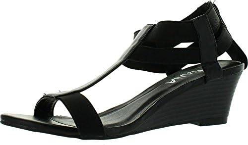 Diviana Nicki-19 Women's Elastic T-Strap Back Zip Wedge Sandals,Black,5.5