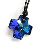 Queenberry (Free S/H) Swarovski Crystal Heliotrope Blue Cross Pendant 20mm Black Leather 1mm Choker Necklace 14