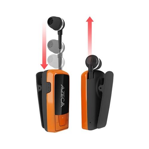 Orange Black OEM Azeca Universal Retractable Bluetooth Headset + Lanyard Pocket Case & USB Charging Cable AZM02