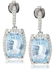 Sterling Silver Concave Cut Sky Blue Topaz and Diamond Dangle Earrings