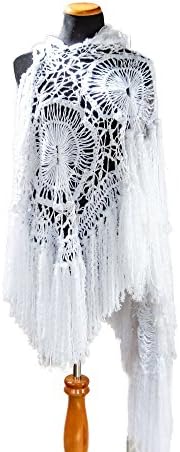 Handmade White Shawl Boho Sunburst Design Maxi Fringe Light Open Freeform Crochet Lace (One Size)