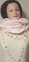 Knitted Pink Chenille Neck Scarf Tube Balaclava Offered with Very Long Seventy Inches Shown As Two Strand Simulated Pink Pearl and Other Beads Necklace Earrings