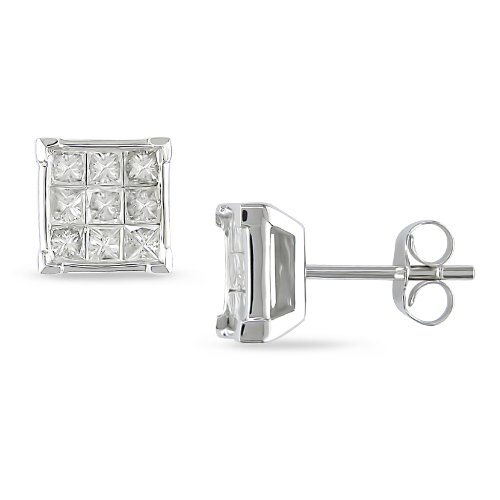 10k White Gold 1ct Channel Set Princess Cut Diamond Earring.