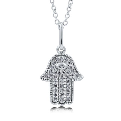 Cubic Zirconia 925 Sterling Silver Religious Hand Eye Pendant Necklace - Nickel Free