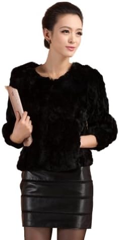 Kattee Women's Real Rex Rabbit Fur Short Jacket Warm Winter Cropped Coat (Large, Black)