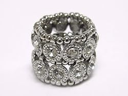 Clear with Silvertone Fittings Two Row Crystal Thick Stretch Ring