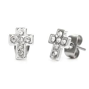 Sparkling Cross Stainless Steel Cubic Zirconia Mens Stud Earrings (Silver) (Jewelry)