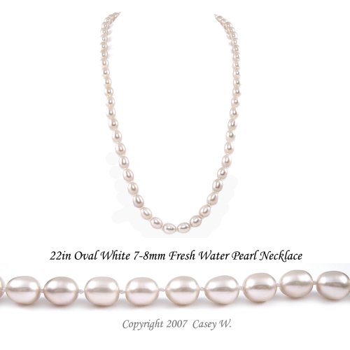 Single Strand 22 Inch 7-8mm white Oval Shape Freshwater Cultured Pearl Necklace