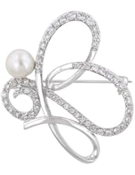 Alexander James White Gold Rhodium Bonded Fresh Water Pearl Brooch with Round Cut Clear Cubic Zirconia Accents and Round Cut Pearls in a Silvertone