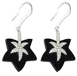 14K White Gold Star in Star Designer Hand-Crafted Dangling Earrings, Enhanced with Pave Set Diamonds and Black Onyx.(GH-Color, SI-Clarity, c.t.t.w.0.16CT).