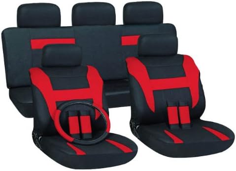 OxGord 17pc Black &amp; Red Flat Cloth Seat Cover Set for the Mitsubishi Eclipse Convertible, Airbag Compatible, Split Bench, Steering Wheel Cover Included