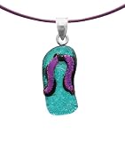 Sterling Silver Dichroic Glass Aqua and Pink Flip-Flop Sandal Pendant on Stainless Steel Wire, 18