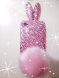 iPhone 4/4s ケース カバー ラビット うさぎ ファー pink デコ電 ビーズ ラインストーン オリジナル 0349 アイフォン ファー