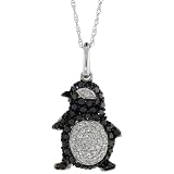 14k White Gold 18 Thin Chain & 3/4 (18mm) tall Penguin Pendant, w/ 0.69 Carat Brilliant Cut White & Black Diamonds