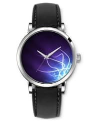 SPRAWL Aanalog Fashion Series Silver Ladies Watches of Genuine Black Leather Strap,Unique Wrist Watch for Women Girls Designed with Lines and circles on dark purple background