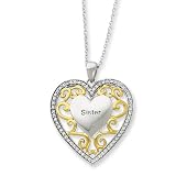 Sterling Silver Sister Heart with Gold Plating and CZ 18 Inch Necklace
