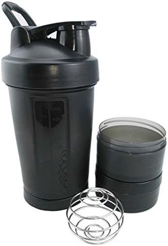 17oz Three Layers Protein Shaker Bottles Blender Mixer Bottle with Twist Lock Storage (Black)