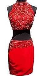 Halter Sleeveless Short Applique Beaded Satin Homecoming Dress 