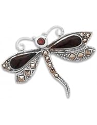 MMA Silver - Black Onyx, Garnet and Marcasite Dragonfly Pin