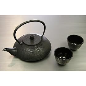 Japanese Cast Iron Tea Pot Tea Set  Dragon Fly Black by 