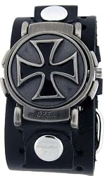 Steel Cross Wide Black Leather Band Design Iron Reversible White Dial Gothic Punk Wristband Watch