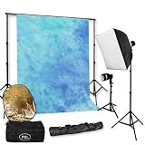 [23282] 2-LIGHT STUDIO FLASH KIT WITH LIGHT BLUE MOTTLED MUSLIN BACKGROUND AND SUPPORT SYSTEM