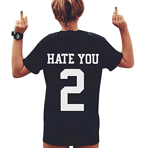Cocobla Funny Tshirt Womens Hate You 2 Back Print Loose Short Sleeve T-shirt (Tag M/US-S, Black)