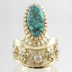 Southwestern Native American Handmade Lone Mountain Turquoise and Diamond Turtle Ring in 18kt. Gold by Navajo Artist Vernon Haskie, #9773
