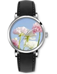 SPRAWL Aanalog Fashion Series Silver Ladies Watches of Genuine Black Leather Strap,Unique Wrist Watch for Women Girls Designed with Light pink flowers
