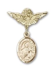 14K Gold Baby Badge with St. Martin de Porres Charm and Angel with Wings Badge Pin