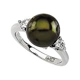 14K White Gold Tahitian Cultured Black Pearl and Diamond Ring -- 8.00mm