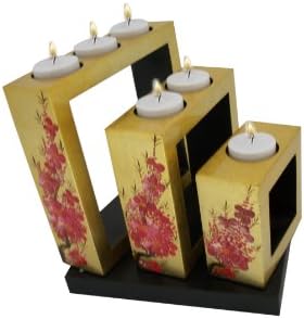 Metalic gold base with red cherry blossom- set of decorative wooden lacquer square shapped tea-light candleholders