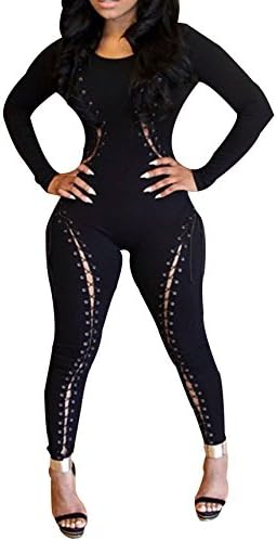 PEILUMENG Women's Slim Sexy Drawstring Long Sleeves Clubwear Jumpsuit Black L