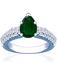 18K White Gold Pear Cut Emerald Ring With Sidestones