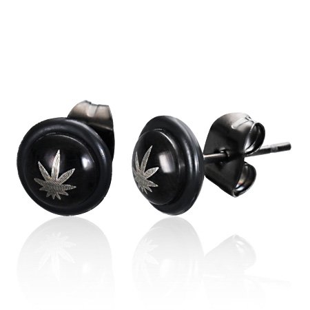 Mission 7mm Black Stainless Steel Marijuana Ganja Leaf Circle Pair of Stud Earrings