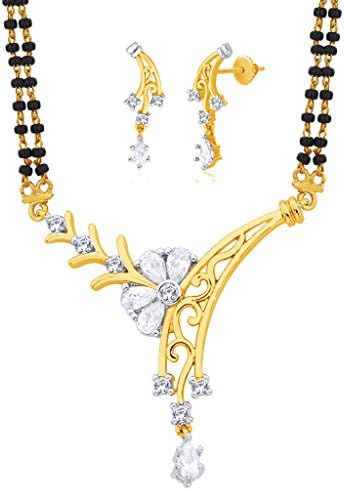 Viyari Black and Goldtone Love Holy Thread Indian Mangalsutra 16 Inch + 1/2 Inch Extender Necklace Earrings Jewelry Set