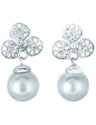 14K White Gold 0.25cttw Three Clover Pave Set Diamond and White Pearl Earrings