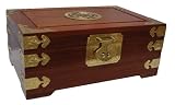 Chinese rosewood jewelry box chest with asian brass accents and longevity symbol, 12 x 8 x 5