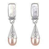 Sterling Silver Elegant Pink and White Pearl Post Earrings by Sajen