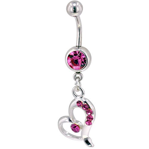 The Pugster Pink Crystal Heart Outline Dangle Belly Ring. Belly button rings are one of America's hottest fashion trends, and.