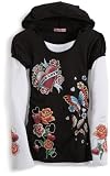 Fang Girls 7-16 Long Sleeve 2Fer Hood Tattoo Screen Top