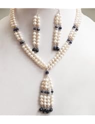 Good Looking Natural Pearl & Sapphire Drops Beaded Necklace + Free Earrings