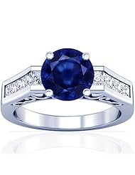 18K White Gold Round Cut Blue Sapphire Ring With Sidestones (GIA Certificate)
