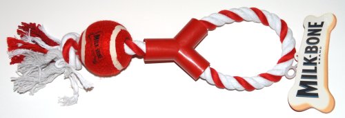 Milk-Bone 15 Inch Knotted Rope with Red Ball Play Chew Dog Toy – Red and White (1 Toy)